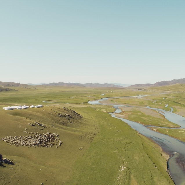 Retreat on Mongolia green land with rivers running through